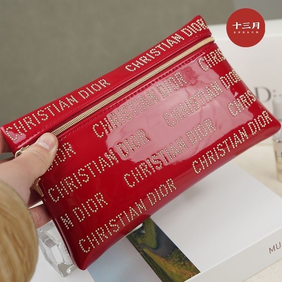 Christian Dior Red Patent Mini Clutch Studded Logo Zipper Cosmetic bag - Picture 10 of 15